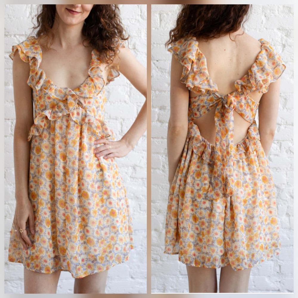 NWT Promesa Floral Ruffle Mini Dress Open Back Tie Yellow Blue Size Large